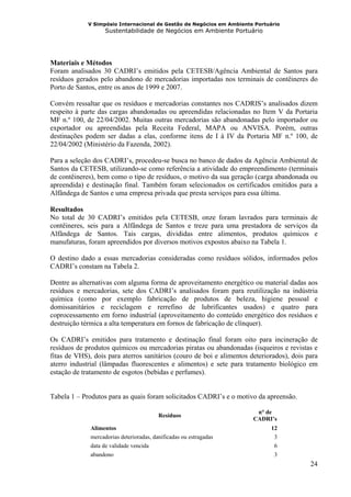 V Simpósio Internacional de Gestão de Negócios em Ambiente Portuário
                    Sustentabilidade de Negócios em Ambiente Portuário




Materiais e Métodos
Foram analisados 30 CADRI’s emitidos pela CETESB/Agência Ambiental de Santos para
resíduos gerados pelo abandono de mercadorias importadas nos terminais de contêineres do
Porto de Santos, entre os anos de 1999 e 2007.

Convém ressaltar que os resíduos e mercadorias constantes nos CADRIS’s analisados dizem
respeito à parte das cargas abandonadas ou apreendidas relacionadas no Item V da Portaria
MF n.º 100, de 22/04/2002. Muitas outras mercadorias são abandonadas pelo importador ou
exportador ou apreendidas pela Receita Federal, MAPA ou ANVISA. Porém, outras
destinações podem ser dadas a elas, conforme itens de I à IV da Portaria MF n.º 100, de
22/04/2002 (Ministério da Fazenda, 2002).

Para a seleção dos CADRI’s, procedeu-se busca no banco de dados da Agência Ambiental de
Santos da CETESB, utilizando-se como referência a atividade do empreendimento (terminais
de contêineres), bem como o tipo de resíduos, o motivo da sua geração (carga abandonada ou
apreendida) e destinação final. Também foram selecionados os certificados emitidos para a
Alfândega de Santos e uma empresa privada que presta serviços para essa última.

Resultados
No total de 30 CADRI’s emitidos pela CETESB, onze foram lavrados para terminais de
contêineres, seis para a Alfândega de Santos e treze para uma prestadora de serviços da
Alfândega de Santos. Tais cargas, divididas entre alimentos, produtos químicos e
manufaturas, foram apreendidos por diversos motivos expostos abaixo na Tabela 1.

O destino dado a essas mercadorias consideradas como resíduos sólidos, informados pelos
CADRI’s constam na Tabela 2.

Dentre as alternativas com alguma forma de aproveitamento energético ou material dadas aos
resíduos e mercadorias, sete dos CADRI’s analisados foram para reutilização na indústria
química (como por exemplo fabricação de produtos de beleza, higiene pessoal e
domissanitários e reciclagem e rerrefino de lubrificantes usados) e quatro para
coprocessamento em forno industrial (aproveitamento do conteúdo energético dos resíduos e
destruição térmica a alta temperatura em fornos de fabricação de clínquer).

Os CADRI’s emitidos para tratamento e destinação final foram oito para incineração de
resíduos de produtos químicos ou mercadorias piratas ou abandonadas (isqueiros e revistas e
fitas de VHS), dois para aterros sanitários (couro de boi e alimentos deteriorados), dois para
aterro industrial (lâmpadas fluorescentes e alimentos) e sete para tratamento biológico em
estação de tratamento de esgotos (bebidas e perfumes).


Tabela 1 – Produtos para as quais foram solicitados CADRI’s e o motivo da apreensão.

                                                                        n° de
                                          Resíduos
                                                                       CADRI’s
              Alimentos                                                       12
              mercadorias deterioradas, danificadas ou estragadas              3
              data de validade vencida                                         6
              abandono                                                         3
                                                                                           24
 