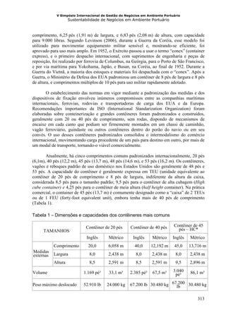 V Simpósio Internacional de Gestão de Negócios em Ambiente Portuário
                    Sustentabilidade de Negócios em Ambiente Portuário



comprimento, 6,25 pés (1,91 m) de largura, e 6,83 pés (2,08 m) de altura, com capacidade
para 9.000 libras. Segundo Levinson (2006), durante a Guerra da Coréia, esse modelo foi
utilizado para movimentar equipamento militar sensível e, mostrando-se eficiente, foi
aprovado para uso mais amplo. Em 1952, o Exército passou a usar o termo “conex” (container
express), e o primeiro despacho internacional, com suprimentos de engenharia e peças de
reposição, foi realizado por ferrovia de Columbus, na Geórgia, para o Porto de São Francisco,
e por via marítima para Yokohama, Japão, e Busan, na Coréia, ao final de 1952. Durante a
Guerra do Vietnã, a maioria dos estoques e materiais foi despachada com o “conex”. Após a
Guerra, o Ministério da Defesa dos EUA padronizou um contêiner de 8 pés de largura e 8 pés
de altura, e comprimentos múltiplos de 10 pés para uso militar rapidamente adotado.

       O estabelecimento das normas em vigor mediante a padronização das medidas e dos
dispositivos de fixação envolveu inúmeros compromissos entre as companhias marítimas
internacionais, ferrovias, rodovias e transportadoras de carga dos EUA e da Europa.
Recomendações importantes da ISO (International Standarization Organization) foram
elaboradas sobre conteinerização e grandes contêineres foram padronizados e construídos,
geralmente com 20 ou 40 pés de comprimento, sem rodas, dispondo de mecanismos de
encaixe em cada canto que podiam ser firmemente montados em um chassi de caminhão,
vagão ferroviário, guindaste ou outros contêineres dentro do porão do navio ou em seu
convés. O uso desses contêineres padronizados consolidou o intermodalismo do comércio
internacional, movimentando carga procedente de um país para destino em outro, por mais de
um modal de transporte, tornando-o viável comercialmente.

       Atualmente, há cinco comprimentos comuns padronizados internacionalmente, 20 pés
(6,1m), 40 pés (12,2 m), 45 pés (13,7 m), 48 pés (14,6 m), e 53 pés (16,2 m). Os contêineres,
vagões e reboques padrão de uso doméstico nos Estados Unidos são geralmente de 48 pés e
53 pés. A capacidade do contêiner é geralmente expressa em TEU (unidade equivalente ao
contêiner de 20 pés de comprimento e 8 pés de largura, indiferente da altura da caixa,
considerada 8,5 pés para o tamanho padrão; 9,5 pés para o contêiner de alta cubagem (High
cube container) e 4,25 pés para o contêiner de meia altura (half height container). Na prática
comercial, o container de 45 pés (13,7 m) é comumente designado como a “caixa” de 2 TEUs
ou de 1 FEU (forty-foot equivalent unit), embora tenha mais de 40 pés de comprimento
(Tabela 1).

Tabela 1 – Dimensões e capacidades dos contêineres mais comuns

                             Contêiner de 20 pés     Contêiner de 40 pés     Contêiner de 45
      TAMANHOS                                                                 pés – HC*
                             Inglês      Métrico       Inglês    Métrico    Inglês    Métrico
           Comprimento        20,0       6,058 m       40,0      12,192 m    45,0    13,716 m
Medidas
externas   Largura             8,0       2,438 m        8,0      2,438 m      8,0     2,438 m
           Altura              8,5       2,591 m        8,5      2,591 m      9,5     2,896 m

Volume                      1.169 pé³    33,1 m³     2.385 pé³   67,5 m³     3.040    86,1 m³
                                                                              pé³

Peso máximo deslocado       52.910 lb   24.000 kg    67.200 lb 30.480 kg 67.200 30.480 kg
                                                                           lb

                                                                                          313
 