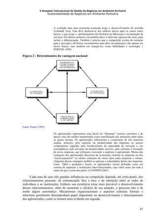 V Simpósio Internacional de Gestão de Negócios em Ambiente Portuário
                       Sustentabilidade de Negócios em Ambiente Portuário




                           A evolução para uma economia avançada exige o desenvolvimento de acirrada
                           rivalidade local. Esta deve deslocar-se dos salários baixos para os custos totais
                           baixos, o que exige o aprimoramento da eficiência na fabricação e na prestação de
                           serviços. Em última instancia, ela também deve ir além dos aspectos de custo, para
                           incluir a diferenciação. Também é preciso que a competição evolua da imitação
                           para a inovação e de baixos investimentos para altos investimentos, não apenas em
                           ativos físicos, mas também em intangíveis, como habilidades e tecnologia. (
                           PORTER, 1995)

Figura 2 - Determinantes da vantagem nacional




Fonte: Porter (1993)

                           Os aglomerados representam uma faceta do “diamante” (setores correlatos e de
                           apoio), mas são melhor interpretados como manifestação das interações entre todas
                           as quatro facetas. Os aglomerados influenciam a competição de três maneiras
                           amplas: primeiro, pelo aumento da produtividade das empresas ou setores
                           componentes; segundo, pelo fortalecimento da capacidade de inovação e, em
                           conseqüência, pela elevação da produtividade; terceiro, pelo estímulo à formação
                           de novas empresas, que reforçam a inovação e ampliam o aglomerado. Muitas das
                           vantagens dos aglomerados decorrem de economias externas às empresas ou dos
                           “extravasamentos” ou efeitos colaterais de vários tipos entre empresas e setores.
                           (Algumas dessas vantagens também se aplicam a subunidades dentro das empresas,
                           como P&D e produção.) Assim, os aglomerados seriam definidos como um
                           sistema de empresas e instituições inter-relacionadas, cujo valor como um todo é
                           maior do que a soma das partes. (CANDIDO,2001)

      Cada uma de suas três grandes influências na competição depende, até certo ponto, dos
relacionamentos pessoais, da comunicação face a face e da interação entre as redes de
indivíduos e as instituições. Embora sua existência torne mais provável o desenvolvimento
desses relacionamentos, além de aumentar a eficácia de sua atuação, o processo não é de
modo algum automático. Mecanismos organizacionais e aspectos culturais formais e
informais geralmente desempenham papel importante no desenvolvimento e funcionamento
dos aglomerados, como se tornará mais evidente em seguida.


                                                                                                          47
 