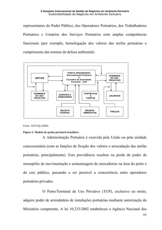 V Simpósio Internacional de Gestão de Negócios em Ambiente Portuário
                     Sustentabilidade de Negócios em Ambiente Portuário



representantes do Poder Público, dos Operadores Portuários, dos Trabalhadores

Portuários e Usuários dos Serviços Portuários com amplas competências

funcionais (por exemplo, homologação dos valores das tarifas portuárias e

cumprimento das normas de defesa ambiental).




                                      PORTO ORGANIZADO
                                     Administração Portuária      TERMINAIS
          ANTAQ                                 e                  DE USO
                                     Conselho de Autoridade       PRIVATIVO
                                        Portuária - CAP




        TERMINAIS                                   CONTRATOS
                             AGENTES E
         DE USO                                         X         USUÁRIOS
                             ARMADORES
        PRIVATIVO                                    TARIFAS




                               RECEITA               ÓRGÃOS
                                                                   PREÇOS
                               FEDERAL              AMBIENTAIS




Fonte: ANTAQ (2004).

Figura 1- Modelo de gestão portuário brasileiro.
                A Administração Portuária é exercida pela União ou pela unidade

concessionária (com as funções de fixação dos valores e arrecadação das tarifas

portuárias, principalmente). Esta providência resultou na perda do poder de

monopólio de movimentação e armazenagem de mercadorias na área do porto e

do cais público, passando a ser possível a concorrência entre operadores

portuários privados.

                O Porto/Terminal de Uso Privativo (TUP), exclusivo ou misto,

adquire poder de arrendatário de instalações portuárias mediante autorização do

Ministério competente. A lei 10.233/2002 estabeleceu a Agência Nacional dos
                                                                                     63
 
