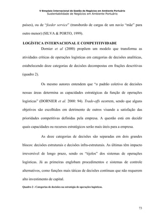 V Simpósio Internacional de Gestão de Negócios em Ambiente Portuário
                      Sustentabilidade de Negócios em Ambiente Portuário



países), ou de “feeder service” (transbordo de cargas de um navio “mãe” para

outro menor) (SILVA & PORTO, 1999).

 LOGÍSTICA INTERNACIONAL E COMPETITIVIDADE
2B




         Dornier et al (2000) propõem um modelo que transforma as

atividades críticas de operações logísticas em categorias de decisões analíticas,

estabelecendo doze categorias de decisões decompostas em frações descritivas

(quadro 2).

                Os mesmo autores entendem que “o padrão coletivo de decisões

nessas áreas determina as capacidades estratégicas da função de operações

logísticas” (DORNIER et al. 2000: 94). Trade-offs ocorrem, sendo que alguns

objetivos são escolhidos em detrimento de outros visando a satisfação das

prioridades competitivas definidas pela empresa. A questão está em decidir

quais capacidades ou recursos estratégicos serão mais úteis para a empresa.

                As doze categorias de decisões são separadas em dois grandes

blocos: decisões estruturais e decisões infra-estruturais. As últimas têm impacto

irreversível de longo prazo, sendo os “tijolos” dos sistemas de operações

logísticas. Já as primeiras englobam procedimentos e sistemas de controle

alternativos, como funções mais táticas de decisões contínuas que não requerem

alto investimento de capital.

Quadro 2 - Categorias de decisões na estratégia de operações logísticas.




                                                                                      73
 