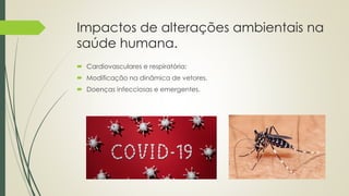 Impactos de alterações ambientais na
saúde humana.
 Cardiovasculares e respiratória;
 Modificação na dinâmica de vetores.
 Doenças infecciosas e emergentes.
 