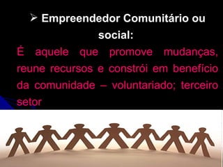 Empreendedor Comunitário   ou   social:   É aquele que promove mudanças, reune recursos e constrói em benefício da comunidade – voluntariado; terceiro setor 