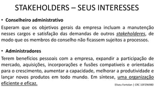 • Conselheiro administrativo
Esperam que os objetivos gerais da empresa incluam a manutenção
nesses cargos e satisfação das demandas de outros stakeholderes, de
modo que os membros do conselho não ficassem sujeitos a processos.
• Administradores
Terem benefícios pessoais com a empresa, expandir a participação de
mercado, aquisições, incorporações e fusões compativeis e orientadas
para o crescimento, aumentar a capacidade, melhorar a produtividade e
lançar novos produtos em todo mundo. Em síntese, uma organização
eficiente e eficaz.
STAKEHOLDERS – SEUS INTERESSES
Eliseu Fortolan │ CRC 1SP296980
 