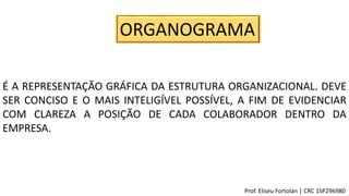 ORGANOGRAMA
É A REPRESENTAÇÃO GRÁFICA DA ESTRUTURA ORGANIZACIONAL. DEVE
SER CONCISO E O MAIS INTELIGÍVEL POSSÍVEL, A FIM DE EVIDENCIAR
COM CLAREZA A POSIÇÃO DE CADA COLABORADOR DENTRO DA
EMPRESA.
Prof. Eliseu Fortolan │ CRC 1SP296980
 