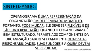 ORGANOGRAMA É UMA REPRESENTAÇÃO DA
ORGANIZAÇÃO EM DETERMINADO MOMENTO,
PORTANTO, PODE MUDAR. ELE DEVE SER FLEXÍVEL E DE
FÁCIL INTERPRETAÇÃO. QUANDO O ORGANOGRAMA É
BEM ESTRUTURADO, PERMITE AOS COMPONENTES DA
ORGANIZAÇÃO SABEREM EXATAMENTE QUAIS SUAS
RESPONSABILIDADES, SUAS FUNÇÕES E A QUEM DEVEM
SE REPORTAR.
SINTETIZANDO:
Prof. Eliseu Fortolan │ CRC 1SP296980
 
