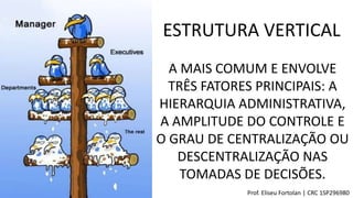 ESTRUTURA VERTICAL
A MAIS COMUM E ENVOLVE
TRÊS FATORES PRINCIPAIS: A
HIERARQUIA ADMINISTRATIVA,
A AMPLITUDE DO CONTROLE E
O GRAU DE CENTRALIZAÇÃO OU
DESCENTRALIZAÇÃO NAS
TOMADAS DE DECISÕES.
Prof. Eliseu Fortolan │ CRC 1SP296980
 