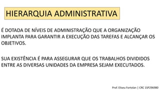 HIERARQUIA ADMINISTRATIVA
É DOTADA DE NÍVEIS DE ADMINISTRAÇÃO QUE A ORGANIZAÇÃO
IMPLANTA PARA GARANTIR A EXECUÇÃO DAS TAREFAS E ALCANÇAR OS
OBJETIVOS.
SUA EXISTÊNCIA É PARA ASSEGURAR QUE OS TRABALHOS DIVIDIDOS
ENTRE AS DIVERSAS UNIDADES DA EMPRESA SEJAM EXECUTADOS.
Prof. Eliseu Fortolan │ CRC 1SP296980
 