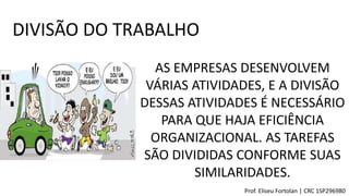 DIVISÃO DO TRABALHO
AS EMPRESAS DESENVOLVEM
VÁRIAS ATIVIDADES, E A DIVISÃO
DESSAS ATIVIDADES É NECESSÁRIO
PARA QUE HAJA EFICIÊNCIA
ORGANIZACIONAL. AS TAREFAS
SÃO DIVIDIDAS CONFORME SUAS
SIMILARIDADES.
Prof. Eliseu Fortolan │ CRC 1SP296980
 