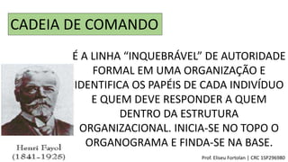 CADEIA DE COMANDO
É A LINHA “INQUEBRÁVEL” DE AUTORIDADE
FORMAL EM UMA ORGANIZAÇÃO E
IDENTIFICA OS PAPÉIS DE CADA INDIVÍDUO
E QUEM DEVE RESPONDER A QUEM
DENTRO DA ESTRUTURA
ORGANIZACIONAL. INICIA-SE NO TOPO O
ORGANOGRAMA E FINDA-SE NA BASE.
Prof. Eliseu Fortolan │ CRC 1SP296980
 