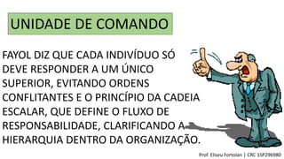 FAYOL DIZ QUE CADA INDIVÍDUO SÓ
DEVE RESPONDER A UM ÚNICO
SUPERIOR, EVITANDO ORDENS
CONFLITANTES E O PRINCÍPIO DA CADEIA
ESCALAR, QUE DEFINE O FLUXO DE
RESPONSABILIDADE, CLARIFICANDO A
HIERARQUIA DENTRO DA ORGANIZAÇÃO.
UNIDADE DE COMANDO
Prof. Eliseu Fortolan │ CRC 1SP296980
 