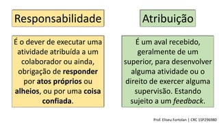 Responsabilidade Atribuição
É o dever de executar uma
atividade atribuída a um
colaborador ou ainda,
obrigação de responder
por atos próprios ou
alheios, ou por uma coisa
confiada.
É um aval recebido,
geralmente de um
superior, para desenvolver
alguma atividade ou o
direito de exercer alguma
supervisão. Estando
sujeito a um feedback.
Prof. Eliseu Fortolan │ CRC 1SP296980
 