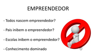 EMPREENDEDOR
- Todos nascem empreendedor?
- Pais inibem o empreendedor?
- Escolas inibem o empreendedor?
- Conhecimento dominado
 