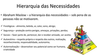 Hierarquia das Necessidades
• Abraham Maslow – a hierarquia das necessidades – sob pena de as
pessoas não se motivarem.
 Fisiológicas - alimento, bebida, ar, calor, sono, abrigo;
 Segurança – proteção contra perigos, ameaças, privações, perdas;
 Sociais – fazer parte de, pertencer, dar e receber amizade, ser aceito;
 Autoestima – respeito próprio e respeito dos outros, realização,
reconhecimento, responsabilidade, autonomia;
 Autorrealização – desenvolver seu potencial como ser humano,
criatividade
 