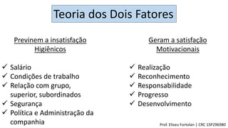 Teoria dos Dois Fatores
Previnem a insatisfação
Higiênicos
 Salário
 Condições de trabalho
 Relação com grupo,
superior, subordinados
 Segurança
 Política e Administração da
companhia
Geram a satisfação
Motivacionais
 Realização
 Reconhecimento
 Responsabilidade
 Progresso
 Desenvolvimento
Prof. Eliseu Fortolan │ CRC 1SP296980
 