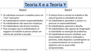 Teoria X e a Teoria Y
Teoria X
 Os indivíduos encaram o trabalho como um
“mal” necessário.
 Os trabalhadores evitam responsabilidades.
 Os trabalhadores não apreciam mudanças.
 Os trabalhadores não tomam iniciativa.
 Para conseguir que os trabalhadores se
engajem no trabalho é preciso utilizar um
sistema de controle e punição.
Teoria Y
 O esforço físico e mental no trabalho é tão
natural quanto as atividades de lazer.
 Os trabalhadores aprendem a aceitar e a
procurar as responsabilidades.
 Os trabalhadores apreciam o desafio.
 Os trabalhadores são capazes de imaginação
e criatividade na resolução de problemas.
 Os trabalhadores buscam satisfazer suas
necessidades de estima e realização e,
portanto, estão dispostos a autodirigirem-se
e a autocontrolarem-se no alcance de
objetivos com os quais estão
comprometidos.
Prof. Eliseu Fortolan │ CRC 1SP296980
 