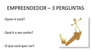 EMPREENDEDOR – 3 PERGUNTAS
- Quem é você?
- Qual é o seu sonho?
- O que você quer ser?
 