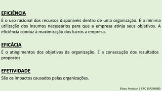 EFICIÊNCIA
É o uso racional dos recursos disponíveis dentro de uma organização. É a mínima
utilização dos insumos necessários para que a empresa atinja seus objetivos. A
eficiência conduz à maximização dos lucros a empresa.
EFICÁCIA
É o atingimentos dos objetivos da organização. É a consecução dos resultados
propostos.
EFETIVIDADE
São os impactos causados pelas organizações.
Eliseu Fortolan │ CRC 1SP296980
 