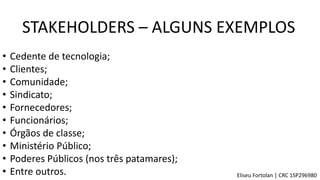 STAKEHOLDERS – ALGUNS EXEMPLOS
• Cedente de tecnologia;
• Clientes;
• Comunidade;
• Sindicato;
• Fornecedores;
• Funcionários;
• Órgãos de classe;
• Ministério Público;
• Poderes Públicos (nos três patamares);
• Entre outros. Eliseu Fortolan │ CRC 1SP296980
 