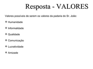 Valores possíveis de serem os valores da padaria do Sr. João:
 Humanidade
 Informalidade
 Qualidade
 Comunicação
 Lucratividade
 Amizade
Resposta - VALORESResposta - VALORES
 