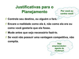  Controle seu destino, ou alguém o fará.
Por você ou
contra você!
 Encare a realidade como ela é, não como ela era ou
como você gostaria que ela fosse.
Seja
empreendedor:
agente de
mudança!
 Mude antes que seja necessário fazê-lo.
 Se você não possuir uma vantagem competitiva, não
compita.
Justificativas para o
Planejamento
 