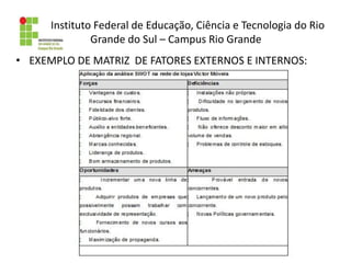 Instituto Federal de Educação, Ciência e Tecnologia do Rio
Grande do Sul – Campus Rio Grande
• EXEMPLO DE MATRIZ DE FATORES EXTERNOS E INTERNOS:
 