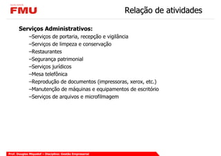 Relação de atividades

       Serviços Administrativos:
             –Serviços de portaria, recepção e vigilância
             –Serviços de limpeza e conservação
             –Restaurantes
             –Segurança patrimonial
             –Serviços jurídicos
             –Mesa telefônica
             –Reprodução de documentos (impressoras, xerox, etc.)
             –Manutenção de máquinas e equipamentos de escritório
             –Serviços de arquivos e microfilmagem




Prof. Douglas Miquelof – Disciplina: Gestão Empresarial
 