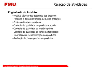 Relação de atividades

       Engenharia do Produto:
             –Arquivo técnico dos desenhos dos produtos
             –Pesquisa e desenvolvimento de novos produtos
             –Projetos de novos produtos
             –Controle de qualidade do produto acabado
             –Controle de qualidade da matéria prima
             –Controle de qualidade ao longo da fabricação
             –Normalização e especificação dos produtos
             –Avaliação de desempenho dos produtos




Prof. Douglas Miquelof – Disciplina: Gestão Empresarial
 