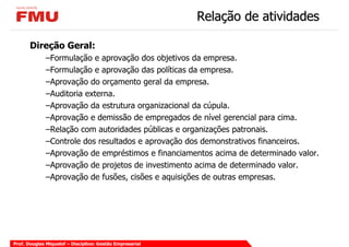Relação de atividades

       Direção Geral:
             –Formulação e aprovação dos objetivos da empresa.
             –Formulação e aprovação das políticas da empresa.
             –Aprovação do orçamento geral da empresa.
             –Auditoria externa.
             –Aprovação da estrutura organizacional da cúpula.
             –Aprovação e demissão de empregados de nível gerencial para cima.
             –Relação com autoridades públicas e organizações patronais.
             –Controle dos resultados e aprovação dos demonstrativos financeiros.
             –Aprovação de empréstimos e financiamentos acima de determinado valor.
             –Aprovação de projetos de investimento acima de determinado valor.
             –Aprovação de fusões, cisões e aquisições de outras empresas.




Prof. Douglas Miquelof – Disciplina: Gestão Empresarial
 