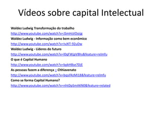 Vídeos sobre capital Intelectual
Waldez Ludwig Transformação do trabalho
http://www.youtube.com/watch?v=JSmHsVOoijg
Waldez Ludwig - Informação como bem econômico
http://www.youtube.com/watch?v=IvJKT-92uDw
Waldez Ludwig - Líderes do futuro
http://www.youtube.com/watch?v=l0qFWjpV8hs&feature=relmfu
O que é Capital Humano
http://www.youtube.com/watch?v=bpkH8se7DjE
As pessoas fazem a diferença – Chhiavenato
http://www.youtube.com/watch?v=bqsif4zMI18&feature=relmfu
Como se forma Capital Humano?
http://www.youtube.com/watch?v=nhtDpSmAKN0&feature=related
 