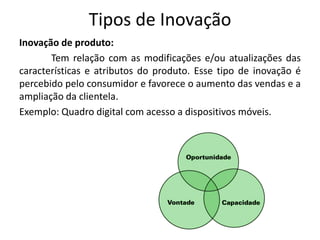 Tipos de Inovação
Inovação de produto:
       Tem relação com as modificações e/ou atualizações das
características e atributos do produto. Esse tipo de inovação é
percebido pelo consumidor e favorece o aumento das vendas e a
ampliação da clientela.
Exemplo: Quadro digital com acesso a dispositivos móveis.
 