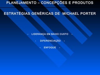 PLANEJAMENTO – CONCEPÇÕES E PRODUTOS
ESTRATÉGIAS GENÉRICAS DE MICHAEL PORTER

-

LIDERANÇA EM BAIXO CUSTO
-

DIFERENCIAÇÃO
-

ENFOQUE

-

-

-

 