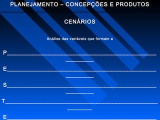 PLANEJAMENTO – CONCEPÇÕES E PRODUTOS
CENÁRIOS
Análise das variáveis que formam a

P________________________________________________
_________
E________________________________________________
_________
S________________________________________________
_________
T_________________________________________________
________
E________________________________________________

 