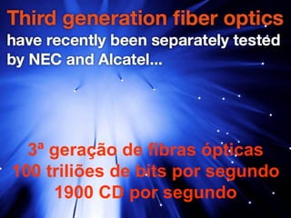 3ª geração de fibras ópticas 100 triliões de bits por segundo 1900 CD por segundo 