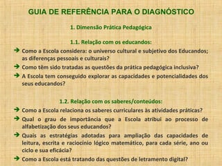 GUIA DE REFERÊNCIA PARA O DIAGNÓSTICO
1. Dimensão Prática Pedagógica
1.1. Relação com os educandos:
 Como a Escola considera: o universo cultural e subjetivo dos Educandos;
as diferenças pessoais e culturais?
 Como têm sido tratadas as questões da prática pedagógica inclusiva?
 A Escola tem conseguido explorar as capacidades e potencialidades dos
seus educandos?
1.2. Relação com os saberes/conteúdos:
 Como a Escola relaciona os saberes curriculares às atividades práticas?
 Qual o grau de importância que a Escola atribui ao processo de
alfabetização dos seus educandos?
 Quais as estratégias adotadas para ampliação das capacidades de
leitura, escrita e raciocínio lógico matemático, para cada série, ano ou
ciclo e sua eficácia?
 Como a Escola está tratando das questões de letramento digital?
 