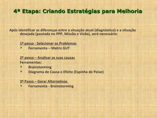 4ª Etapa: Criando Estratégias para Melhoria4ª Etapa: Criando Estratégias para Melhoria
Após identificar as diferenças entre a situação atual (diagnóstico) e a situação
desejada (pautada no PPP, Missão e Visão), será necessário:
1º passo - Selecionar os Problemas
 Ferramenta – Matriz GUT
2º passo – Analisar as suas causas
Ferramentas:
 Brainstorming
 Diagrama de Causa e Efeito (Espinha de Peixe)
3º Passo – Gerar Alternativas
 Ferramenta - Brainstorming
 