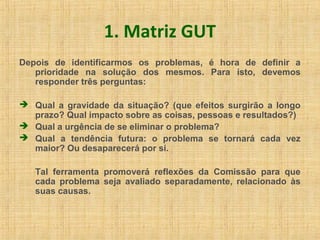 1. Matriz GUT
Depois de identificarmos os problemas, é hora de definir a
prioridade na solução dos mesmos. Para isto, devemos
responder três perguntas:
 Qual a gravidade da situação? (que efeitos surgirão a longo
prazo? Qual impacto sobre as coisas, pessoas e resultados?)
 Qual a urgência de se eliminar o problema?
 Qual a tendência futura: o problema se tornará cada vez
maior? Ou desaparecerá por si.
Tal ferramenta promoverá reflexões da Comissão para que
cada problema seja avaliado separadamente, relacionado às
suas causas.
 