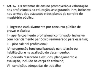 • Art. 67. Os sistemas de ensino promoverão a valorização
dos profissionais da educação, assegurando-lhes, inclusive
nos termos dos estatutos e dos planos de carreira do
magistério público:
I - ingresso exclusivamente por concurso público de
provas e títulos;
II - aperfeiçoamento profissional continuado, inclusive
com licenciamento periódico remunerado para esse fim;
III - piso salarial profissional;
IV - progressão funcional baseada na titulação ou
habilitação, e na avaliação do desempenho;
V - período reservado a estudos, planejamento e
avaliação, incluído na carga de trabalho;
VI - condições adequadas de trabalho
 