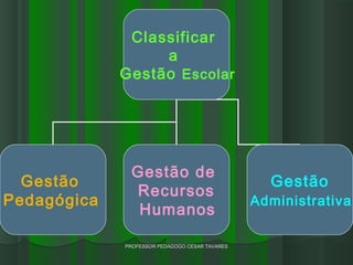 Classificar
                  a
             Gestão Escolar




              Gestão de
  Gestão                                          Gestão
              Recursos
Pedagógica                                      Administrativa
               Humanos

             PROFESSOR PEDAGOGO CÉSAR TAVARES
 