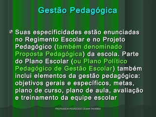Gestão Pedagógica

Suas especificidades estão enunciadas
no Regimento Escolar e no Projeto
Pedagógico ( também denominado
Proposta Pedagógica ) da escola. Parte
do Plano Escolar ( ou Plano Político
Pedagógico de Gestão Escolar ) também
inclui elementos da gestão pedagógica:
objetivos gerais e específicos, metas,
plano de curso, plano de aula, avaliação
e treinamento da equipe escolar
            PROFESSOR PEDAGOGO CÉSAR TAVARES
 