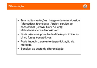 Diferenciação
Tem muitas variações: imagem da marca/design
(Mercedes); tecnologia (Apple); serviço ao
consumidor (Crown, Cork & Seal);
eletrodomésticos (Jenn-Air) etc.
Pode criar uma posição de defesa por imitar as
cinco forças competitivas.
Pode impedir o aumento da participação de
mercado.
Sensível ao custo da diferenciação.
 
