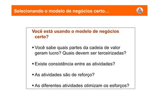 Selecionando o modelo de negócios certo
Você está usando o modelo de negócios
certo?
Você sabe quais partes da cadeia de valor
geram lucro? Quais devem ser terceirizadas?
Existe consistência entre as atividades?
As atividades são de reforço?
As diferentes atividades otimizam os esforços?
 