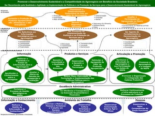 Impulsionar o Desenvolvimento Sustentável do País por meio do Agronegócio Garantir a Segurança Alimentar Ampliar a Participação da Agroenergia na Matriz Energética Interiorização Emprego Renda Segurança do Alimento Abastecimento Preço Fornecimento de Matérias-primas Processamento Coordenação Eqüidade Participação Promoção Produtos e Serviços Promover o Agronegócio e a Imagem do MAPA Aprimorar a Articulação do Agronegócio e sua Participação nas Ações do MAPA Desenvolver e Garantir o Acesso a Tecnologias Articulação e Promoção  Desenvolver e Reter Competências do Corpo Funcional Desenvolver Comunicação Interna Ágil e Eficaz Valorizar e Motivar as Pessoas e Fortalecer o Trabalho em Equipes Interdisciplinares Pessoas Ambiente de Trabalho Informação e Conhecimento Melhorar a Gestão da Informação e do Conhecimento  Promover a Organização e a Integração das Cadeias Produtivas Informação Ampliar a Oferta de Estudos de Prospecção e  Avaliação  Estimular a Agregação de Valor na Produção Agropecuária Garantir a Inocuidade e  a Qualidade dos Alimentos Acessibilidade Credibilidade Previsibilidade Proatividade Tempestividade Inovação Democracia Efetividade Credibilidade Agilidade Fortalecer o Processo de Gestão  Estratégica no MAPA Aprofundar o Conhecimento sobre o Agronegócio Melhorar a Qualidade e o Acesso às Informações para o Agronegócio Desenvolver Cultura Orientada a Resultados Aumentar a Produção de Produtos Agropecuários não- alimentares e não-energéticos Promover o Desenvolvimento Sustentável e a Competitividade do Agronegócio em Benefício da Sociedade Brasileira Ser Referência em Informações Estratégicas para o Agronegócio  Perspectiva da Sociedade Perspectiva do  Agronegócio  e Parceiros Perspectiva de Processos Internos Perspectiva de Pessoas, Aprendizado e Crescimento Buscar Maior Efetividade na Formulação e Implementação das Políticas Públicas para o Agronegócio Produção Exportação Meio Ambiente Ter Eficiência e Transparência na Execução Orçamentária e Financeira Melhorar Continuamente a Infra-estrutura e os Processos de Trabalho  Ser Excelente na Implementação de Políticas e na Prestação de Serviços para o Agronegócio Ser Agente de Fortalecimento e Harmonização do Agronegócio Excelência Administrativa Ser Reconhecido pela Qualidade e Agilidade na Implementação de Políticas e na Prestação de Serviços para o Desenvolvimento Sustentável do Agronegócio 