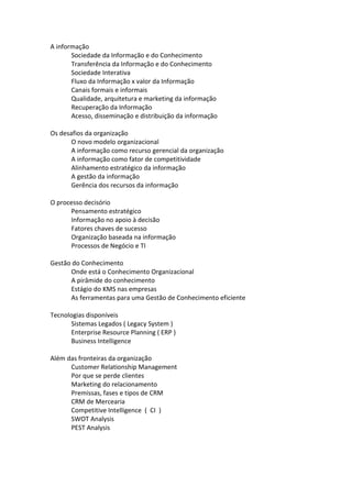 A informação
       Sociedade da Informação e do Conhecimento
       Transferência da Informação e do Conhecimento
       Sociedade Interativa
       Fluxo da Informação x valor da Informação
       Canais formais e informais
       Qualidade, arquitetura e marketing da informação
       Recuperação da Informação
       Acesso, disseminação e distribuição da informação

Os desafios da organização
       O novo modelo organizacional
       A informação como recurso gerencial da organização
       A informação como fator de competitividade
       Alinhamento estratégico da informação
       A gestão da informação
       Gerência dos recursos da informação

O processo decisório
      Pensamento estratégico
      Informação no apoio à decisão
      Fatores chaves de sucesso
      Organização baseada na informação
      Processos de Negócio e TI

Gestão do Conhecimento
      Onde está o Conhecimento Organizacional
      A pirâmide do conhecimento
      Estágio do KMS nas empresas
      As ferramentas para uma Gestão de Conhecimento eficiente

Tecnologias disponíveis
      Sistemas Legados ( Legacy System )
      Enterprise Resource Planning ( ERP )
      Business Intelligence

Além das fronteiras da organização
      Customer Relationship Management
      Por que se perde clientes
      Marketing do relacionamento
      Premissas, fases e tipos de CRM
      CRM de Mercearia
      Competitive Intelligence ( CI )
      SWOT Analysis
      PEST Analysis
 