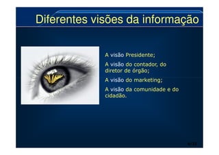 A visão Presidente;
A visão do contador, do
diretor de órgão;
A visão do marketing;
Diferentes visões da informação
Diferentes visões da informação
6/22
6/22
A visão do marketing;
A visão da comunidade e do
cidadão.
 
