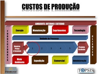 CUSTOS DE PRODUÇÃO

                        AMBIENTE: INTERNO E EXTERNO

F     Energia      Manutenção             Suprimentos       Tecnologia
O
R                                                                           C
N                           Unidade de Processo                             L
E                                                                           I
C                                                                           E
E    Matéria                                                     Produto    N
       Prima       1         2        3           4     5
D                                                                Acabado    T
    e Insumos
O                                                                           E
R                                                                           S
E
S     Meio
                       Expedição           Comercial        Administração
     Ambiente
 