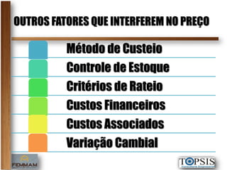 OUTROS FATORES QUE INTERFEREM NO PREÇO

          Método de Custeio
          Controle de Estoque
          Critérios de Rateio
          Custos Financeiros
          Custos Associados
          Variação Cambial
 