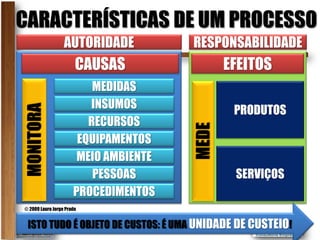 CARACTERÍSTICAS DE UM PROCESSO
                  AUTORIDADE           RESPONSABILIDADE
                       CAUSAS              EFEITOS
                          MEDIDAS
                         INSUMOS            PRODUTOS
                         RECURSOS
                       EQUIPAMENTOS
                       MEIO AMBIENTE
                          PESSOAS            SERVIÇOS
                      PROCEDIMENTOS
© 2009 Lauro Jorge Prado


 ISTO TUDO É OBJETO DE CUSTOS: É UMA UNIDADE DE CUSTEIO!
 