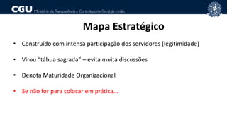 • Construído com intensa participação dos servidores (legitimidade)
• Virou “tábua sagrada” – evita muita discussões
• Denota Maturidade Organizacional
• Se não for para colocar em prática...
Mapa Estratégico
 