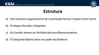 Estrutura
a) Sem estrutura organizacional de sustentação formal o mapa é letra morta
b) Privilegiar Decisões Colegiadas
c) Os Comitês devem ser Multidisciplinares/Representativos
d) O Colegiado Máximo deve ter poder de Deliberar
 